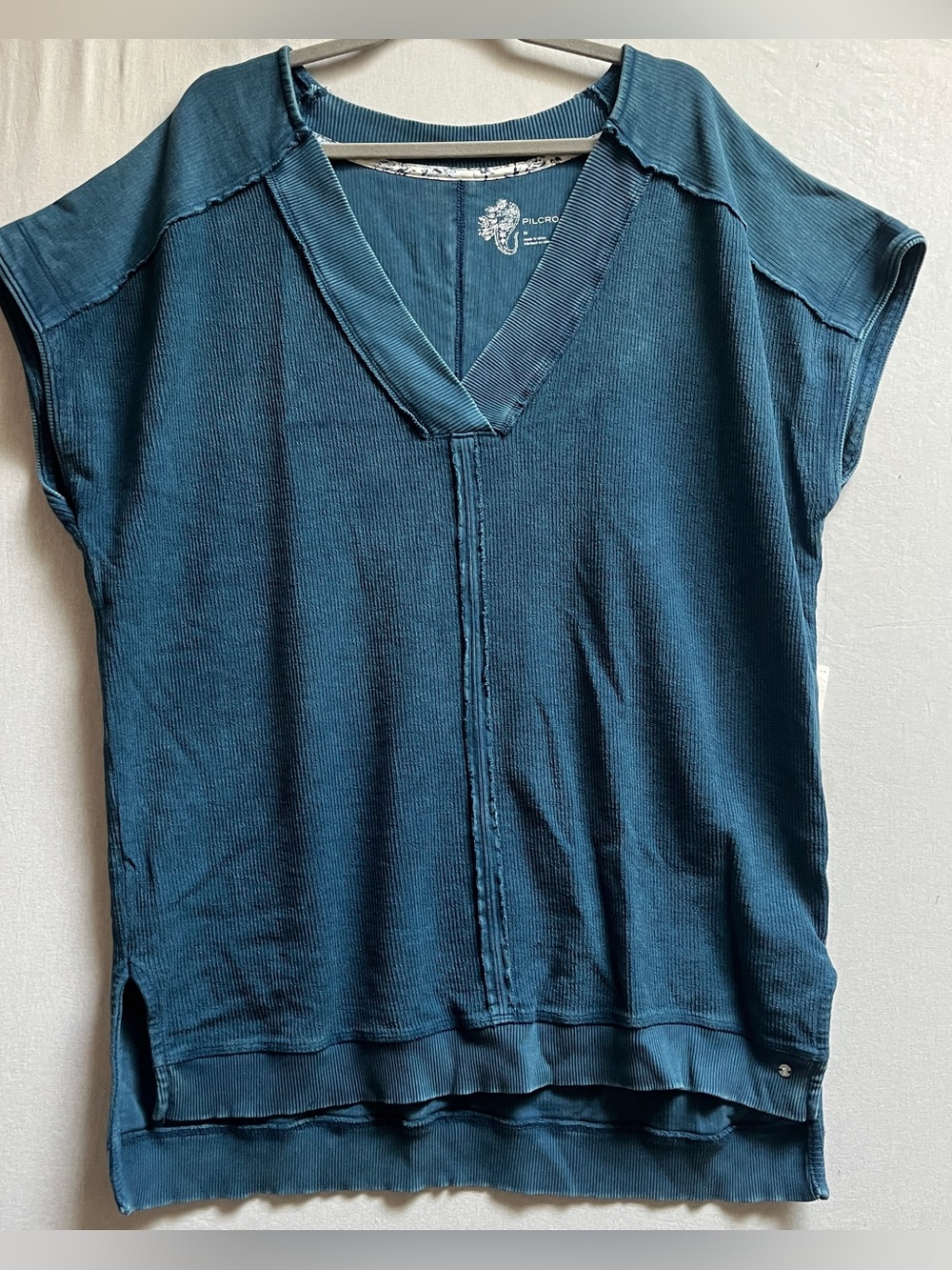 NWT Pilcro Anthropologie Teal V-Neck Cap Sleeve Ribbed Top M